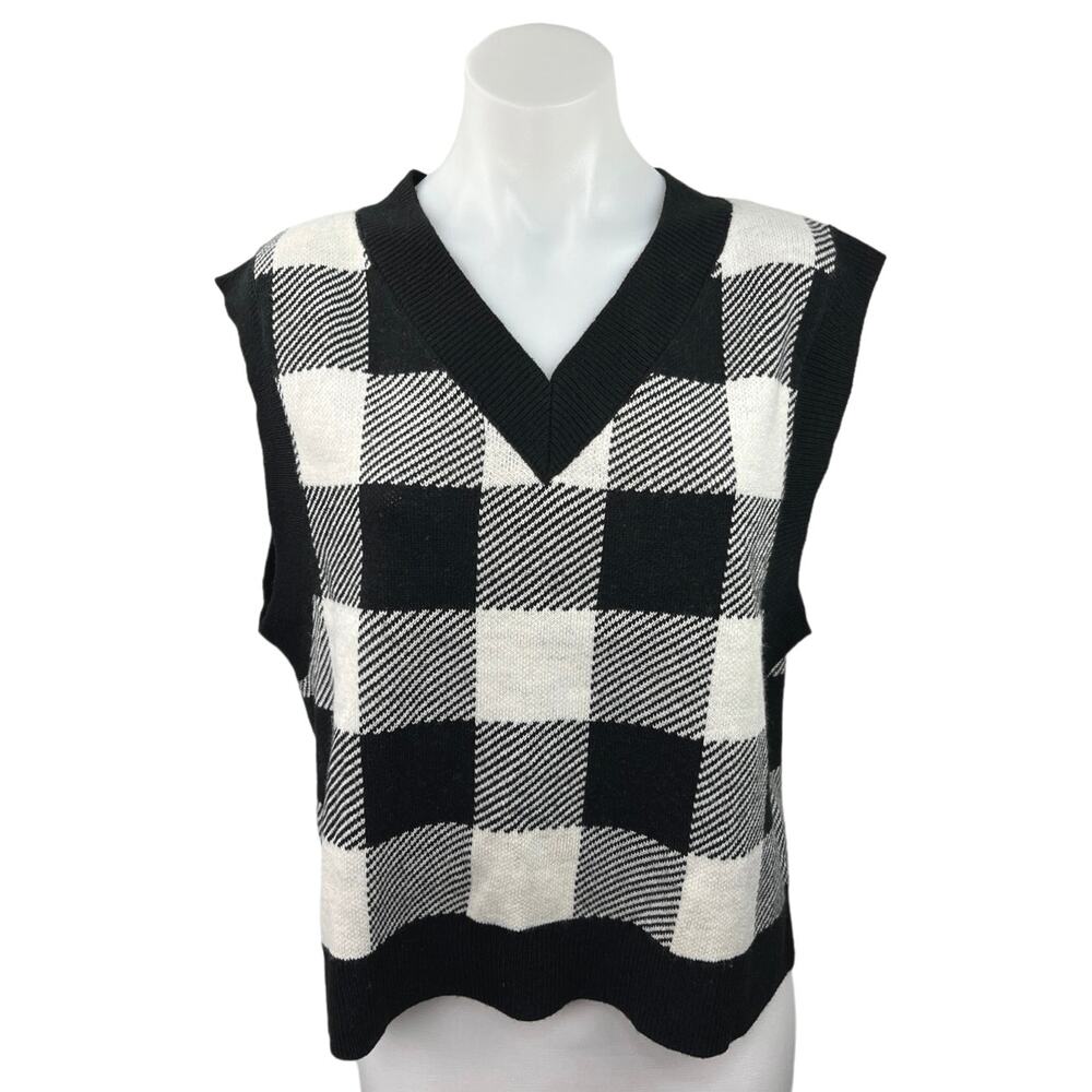 H&M White Checkered Plaid Gingham Sleeveless Knit V-neck Sweater Vest Top S